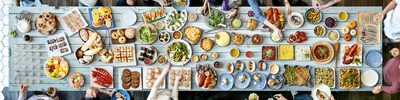A catered buffet table laid out with food