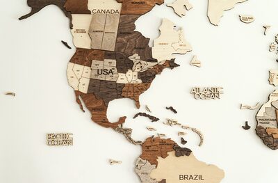A wooden wall map of the United States